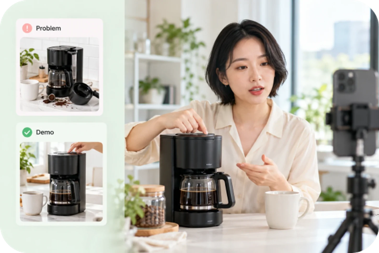 创作者用手机拍摄咖啡机产品演示