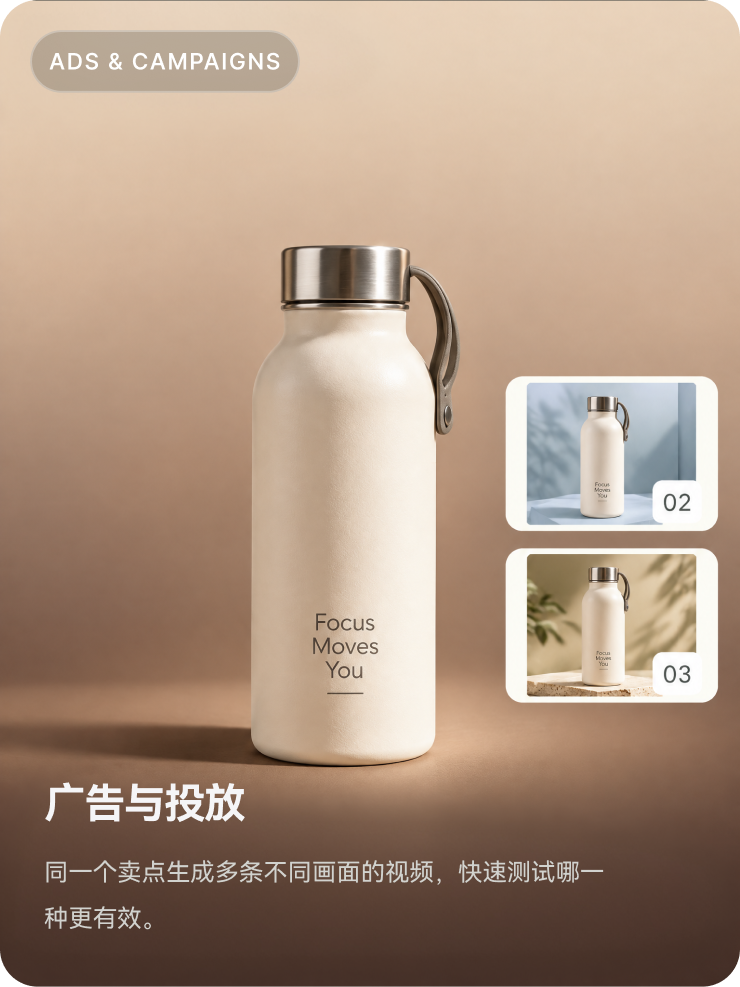 广告与投放视频生成示例：同一个卖点生成多种画面和版本，快速尝试一种新表达。