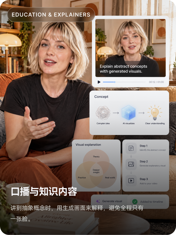 口播与知识内容视频生成示例：把抽象概念变成画面，接入现有口播内容，让表达更容易被理解。