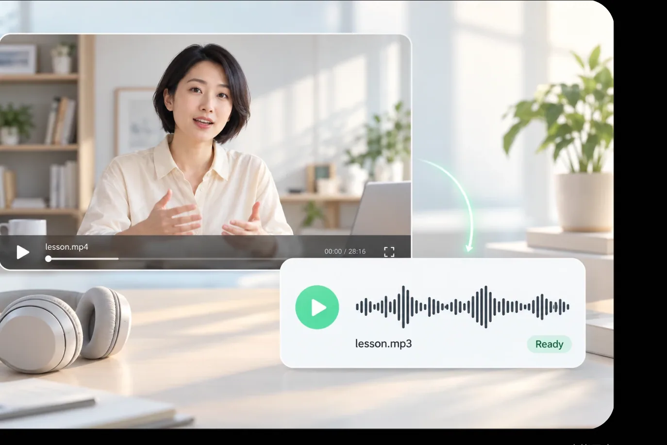 课程视频与独立 MP3 音频卡片，展示从 MP4 提取声音的关系