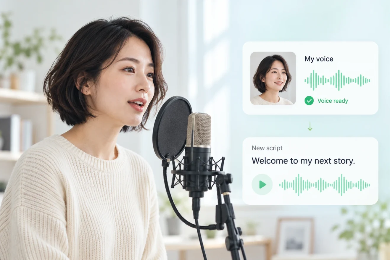 创作者对着麦克风录音，右侧显示专属音色已就绪并用新文案生成旁白